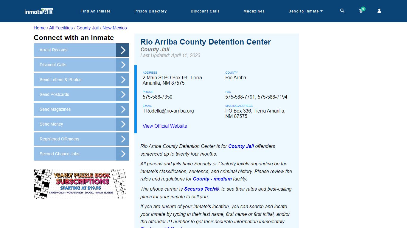 Rio Arriba County Detention Center - Inmate Locator